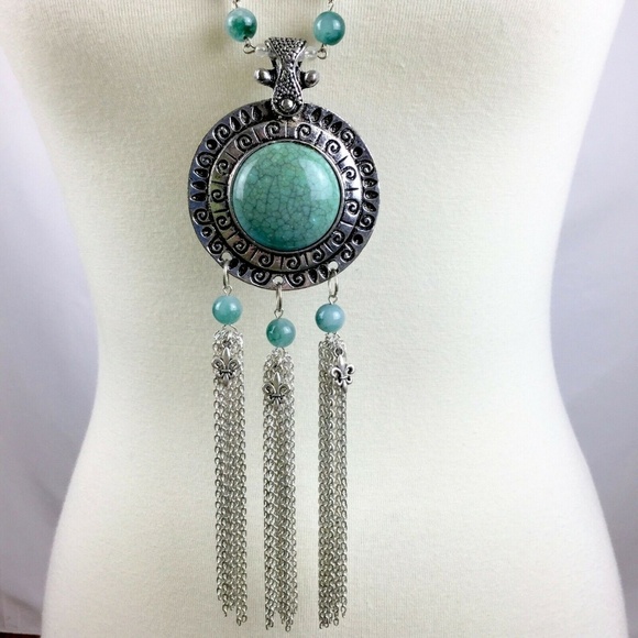 Bohemian Statement Necklace Jade Beaded Tassels - Picture 3 of 8